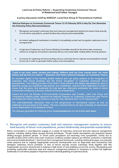 2015 Land Law and Policy Reform Supporting Customary Communal Tenure of Rotational and Fallow Taungya